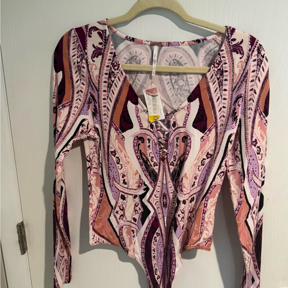 Free People Paisley Lace-Up Long Sleeve Top - Pink, Burgundy, Peach Bodysuit